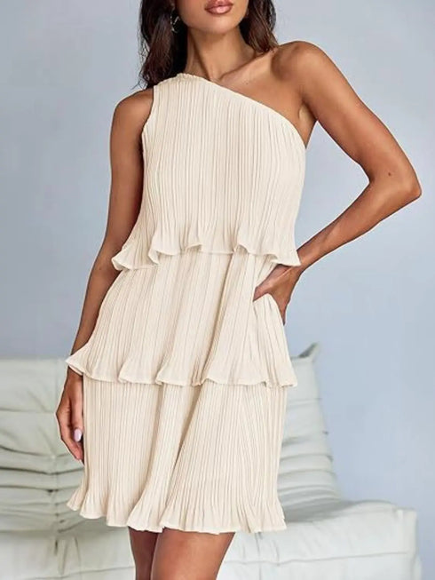 'Hesper' Layered Single Shoulder Mini Dress - Celes Fashion
